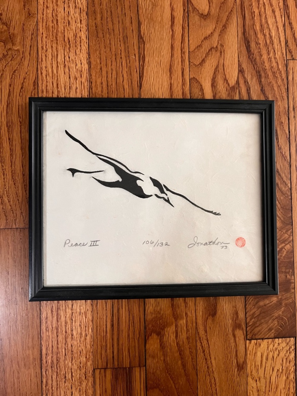 Bird Woodblock Print, Original Titled “Peace III”, Signed Jonathon, No. 106/132